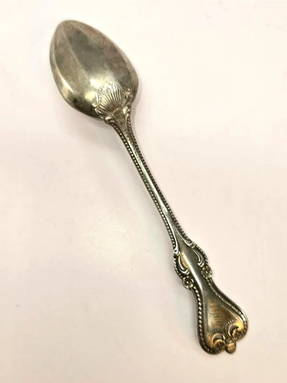 Antique Sterling Silver Teaspoon Beaded Handle Monogrammed 1900 CM2277